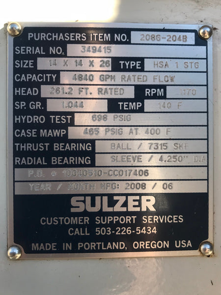 Sulzer 14x14x26 HSA 1 STG Pump - Unused
